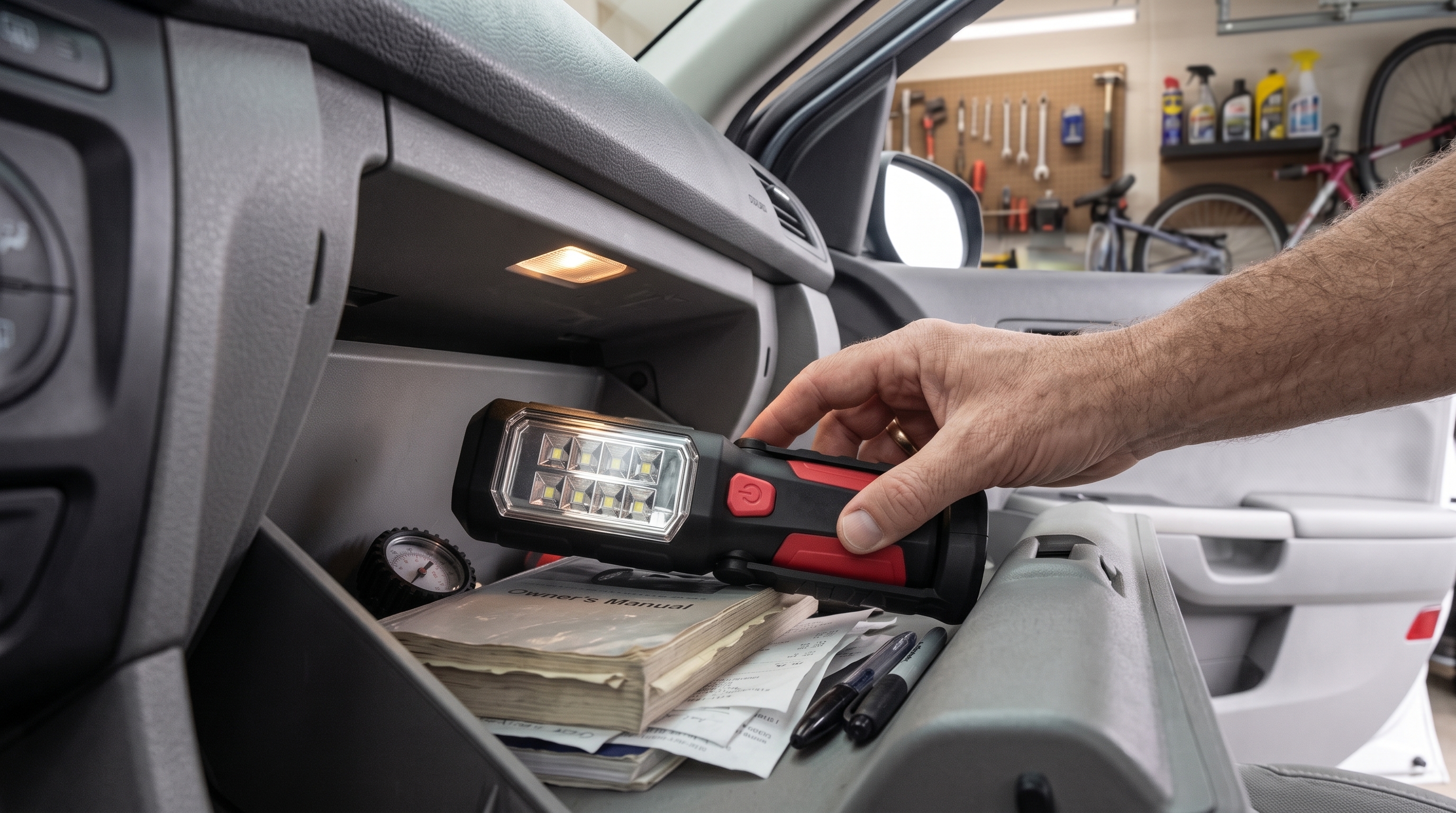 Hand reaching for a compact portable LED emergency work light stored inside a car glove compartment.