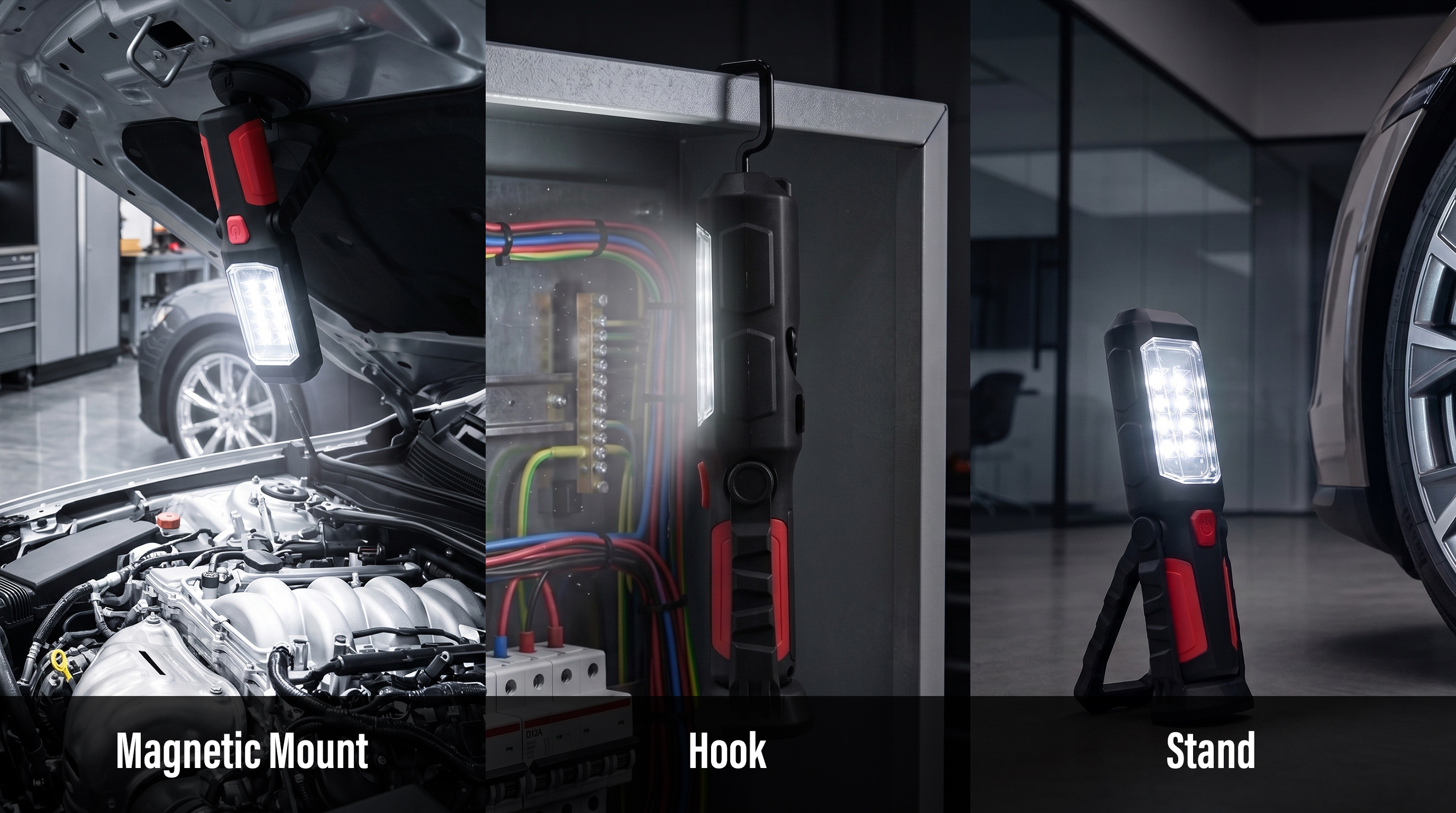 Three-panel image demonstrating hands-free LED work light mounting features including magnetic mount, hanging hook, and adjustable stand.