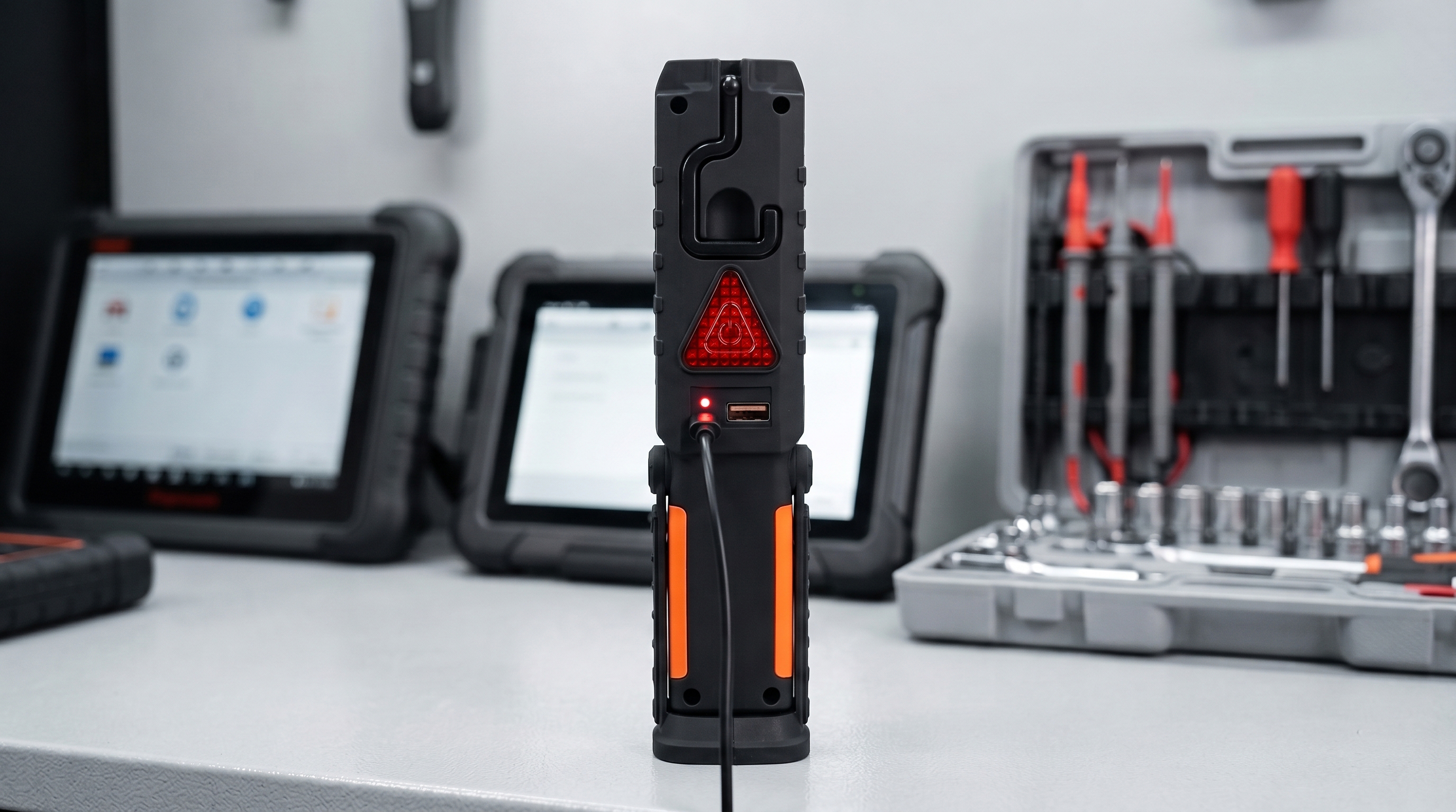Back view of a rechargeable portable LED work light charging via USB cable on a workbench with diagnostic tools and mechanic equipment.