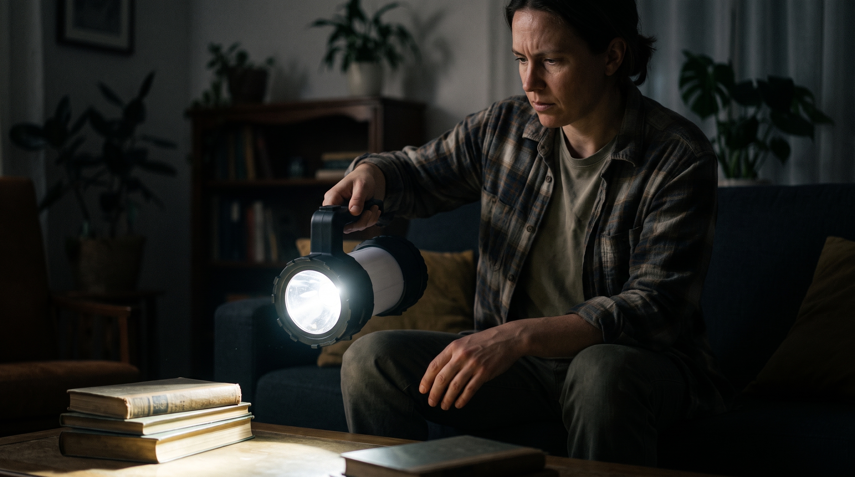 Person sitting on a couch in a dark room shining a bright handheld LED spotlight onto books on a coffee table during an emergency power outage.
