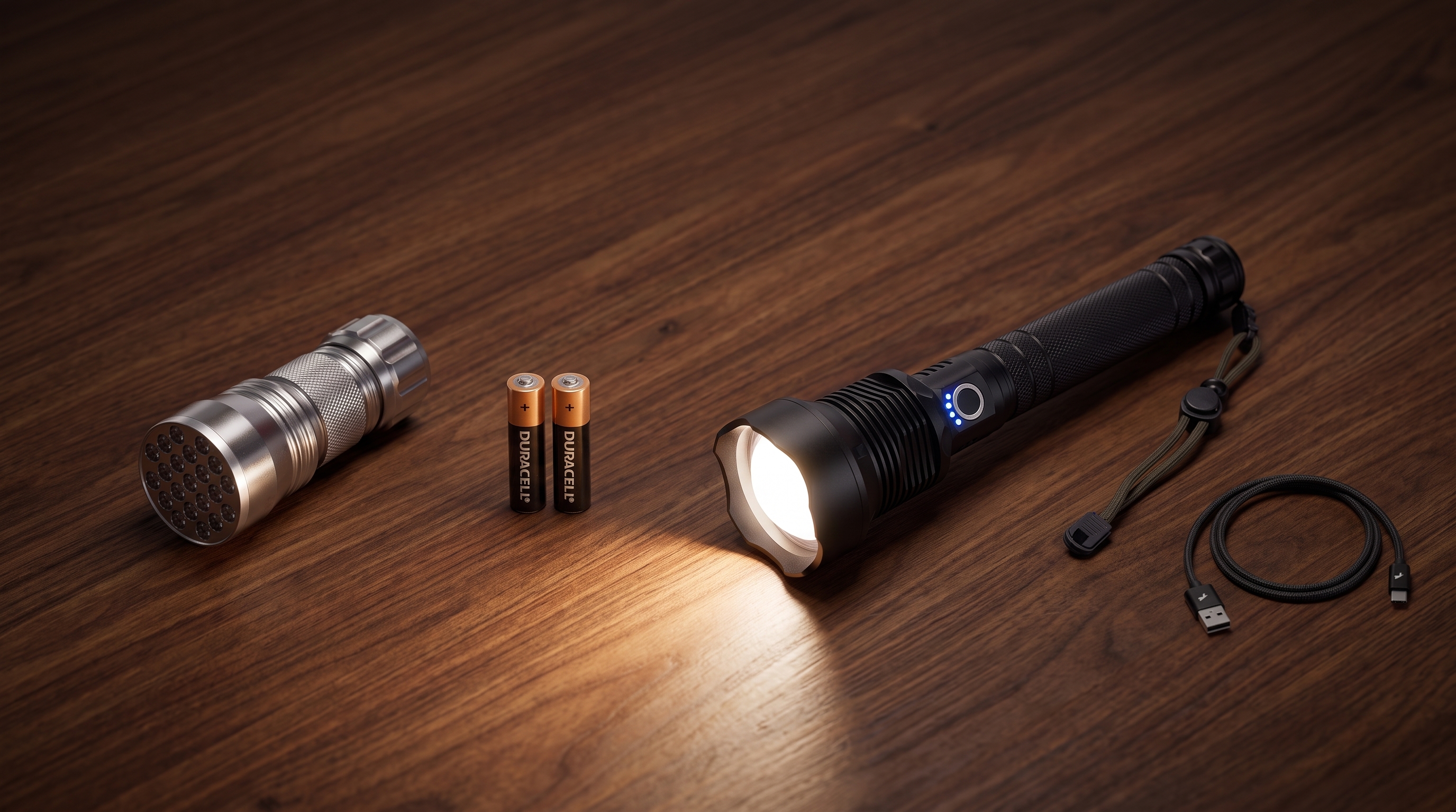 Comparison between a modern USB rechargeable LED flashlight with battery indicator cable and an older silver flashlight powered by AA batteries on a wooden surface.