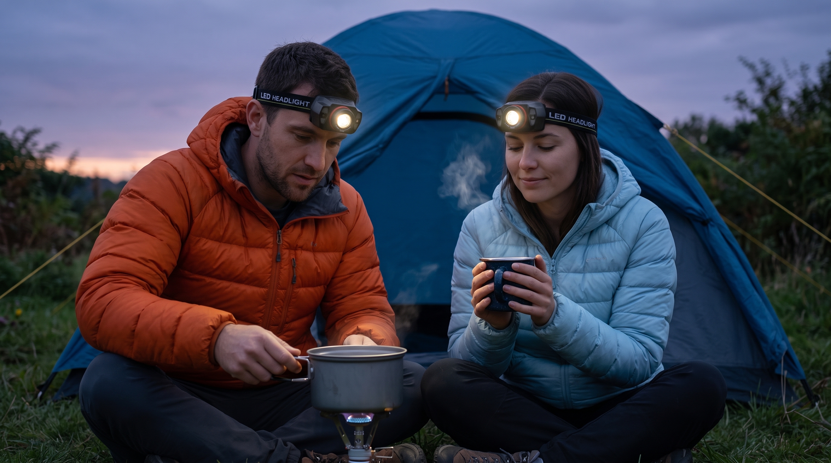 Close-up of a couple wearing illuminated LED headlights cooking and holding a warm mug outside their tent at dusk.