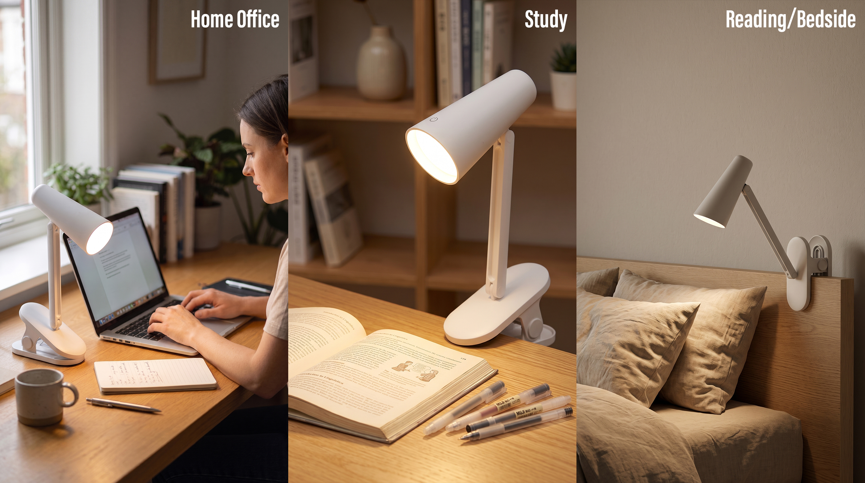 Three-panel image showing versatile applications of a white clip-on LED desk lamp used for home office work, studying on a desk, and reading at bedside.