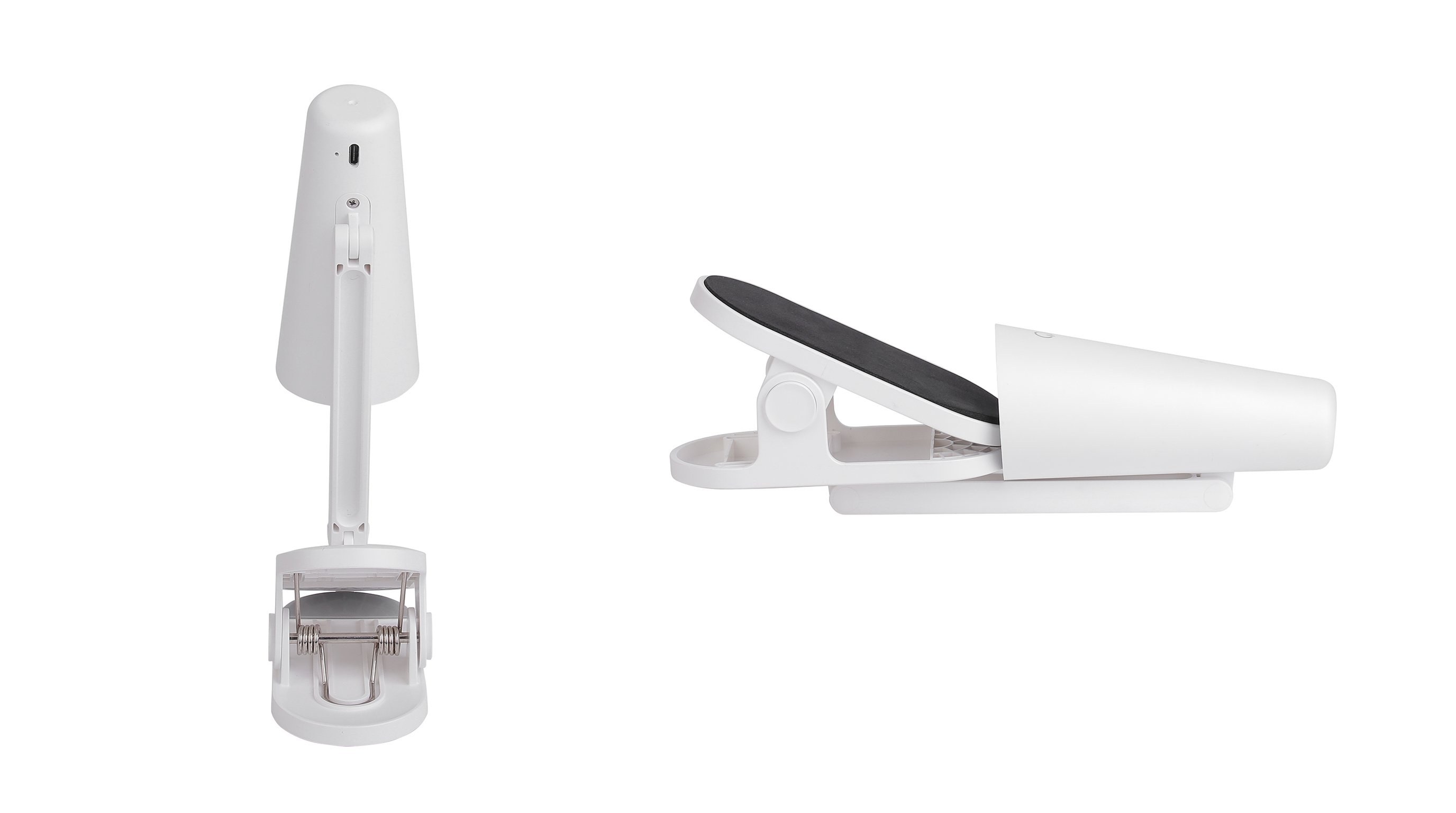 Back and folded side views of a white rechargeable clip-on LED desk lamp displayed on a clean white background.