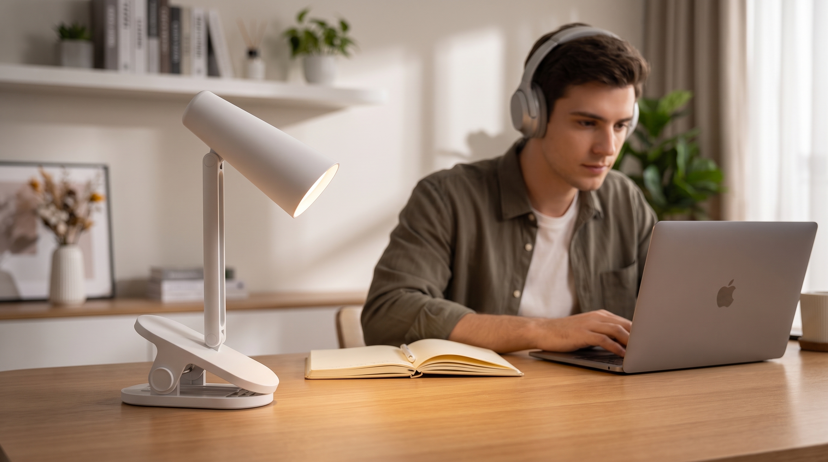 White multifunctional clip-on LED desk lamp standing on a wooden table illuminating a workspace where a young man in headphones works on a laptop.