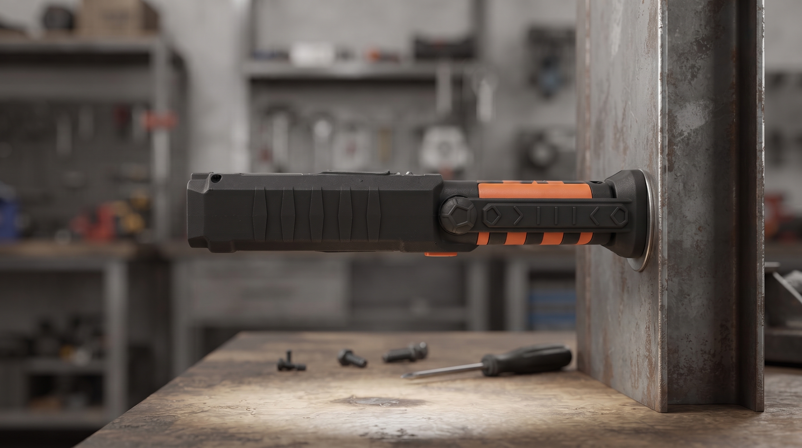 Black and orange magnetic LED work light attached horizontally to a vertical metal beam above a wooden workbench in a workshop.