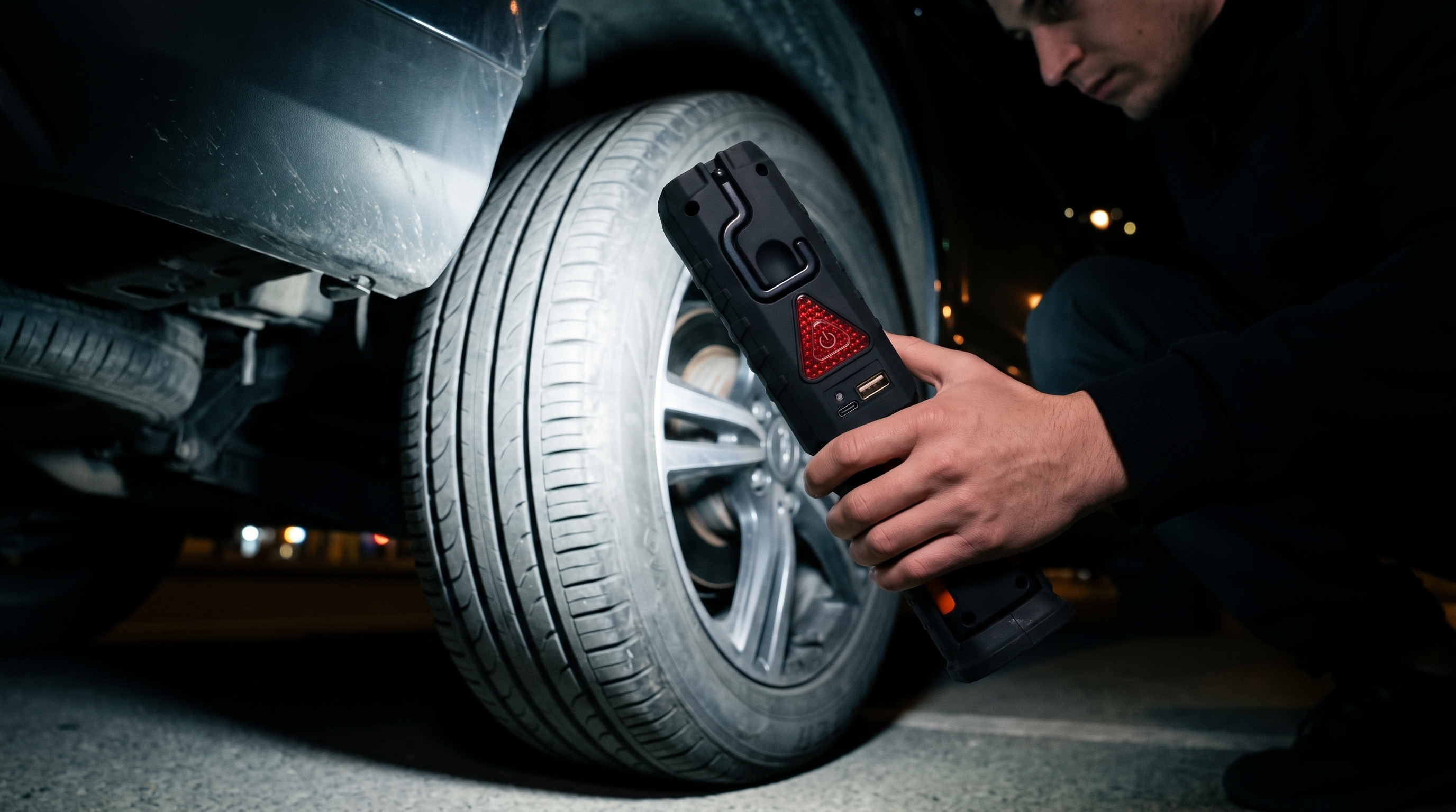 Close-up of a person holding a portable LED work light to illuminate a car wheel during a night roadside inspection.
