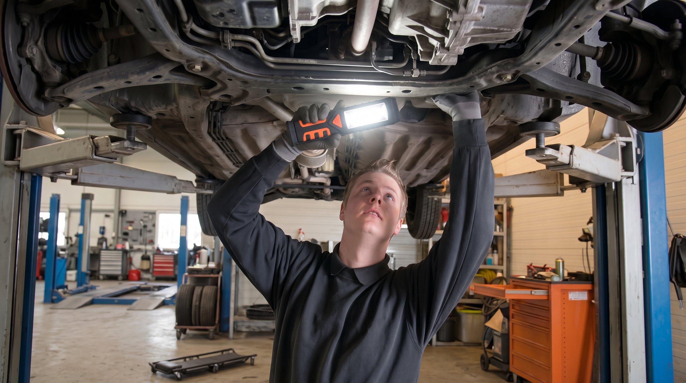 Professional auto mechanic in a garage using a bright handheld LED work light to illuminate and inspect the undercarriage of a vehicle on a hydraulic lift.