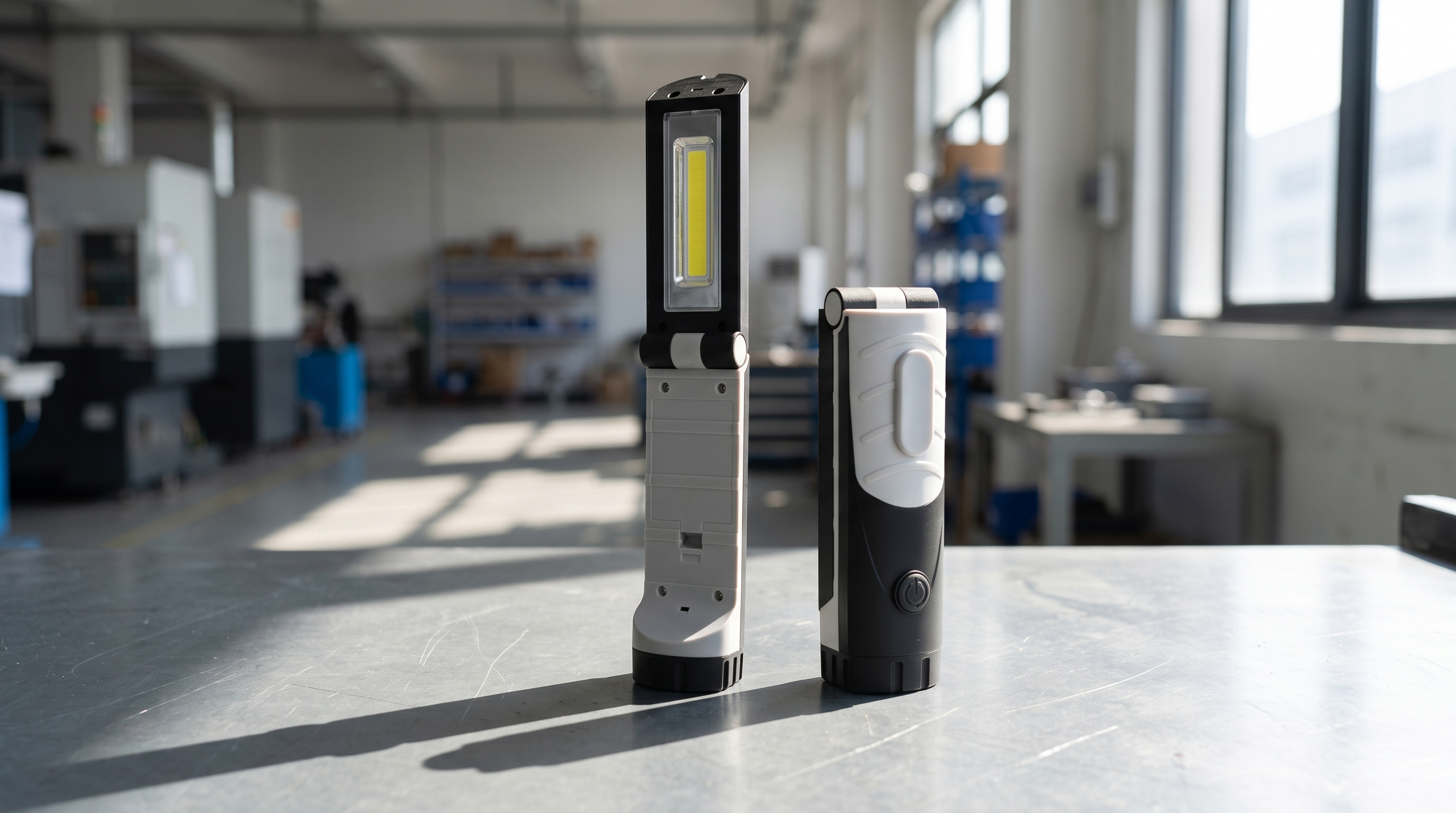 Two slim foldable COB LED work lights standing side-by-side on a metal workshop surface, showcasing open and folded states.