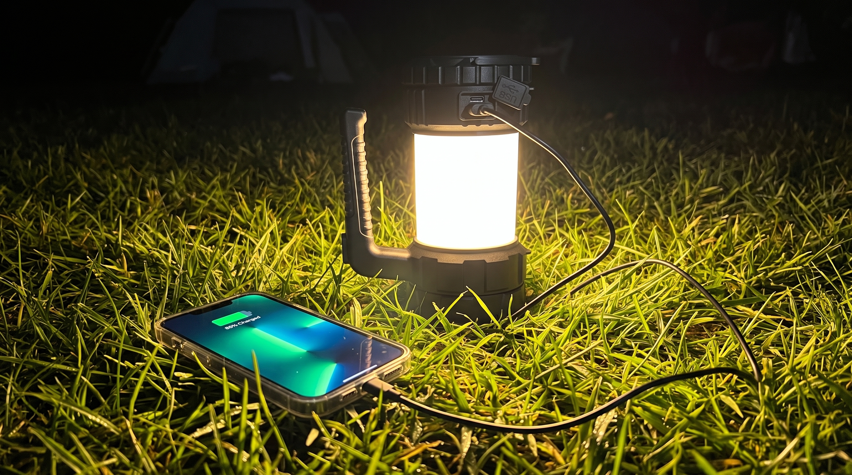 Portable rechargeable LED camping lantern operating as a power bank to charge a smartphone on night grass outdoors.
