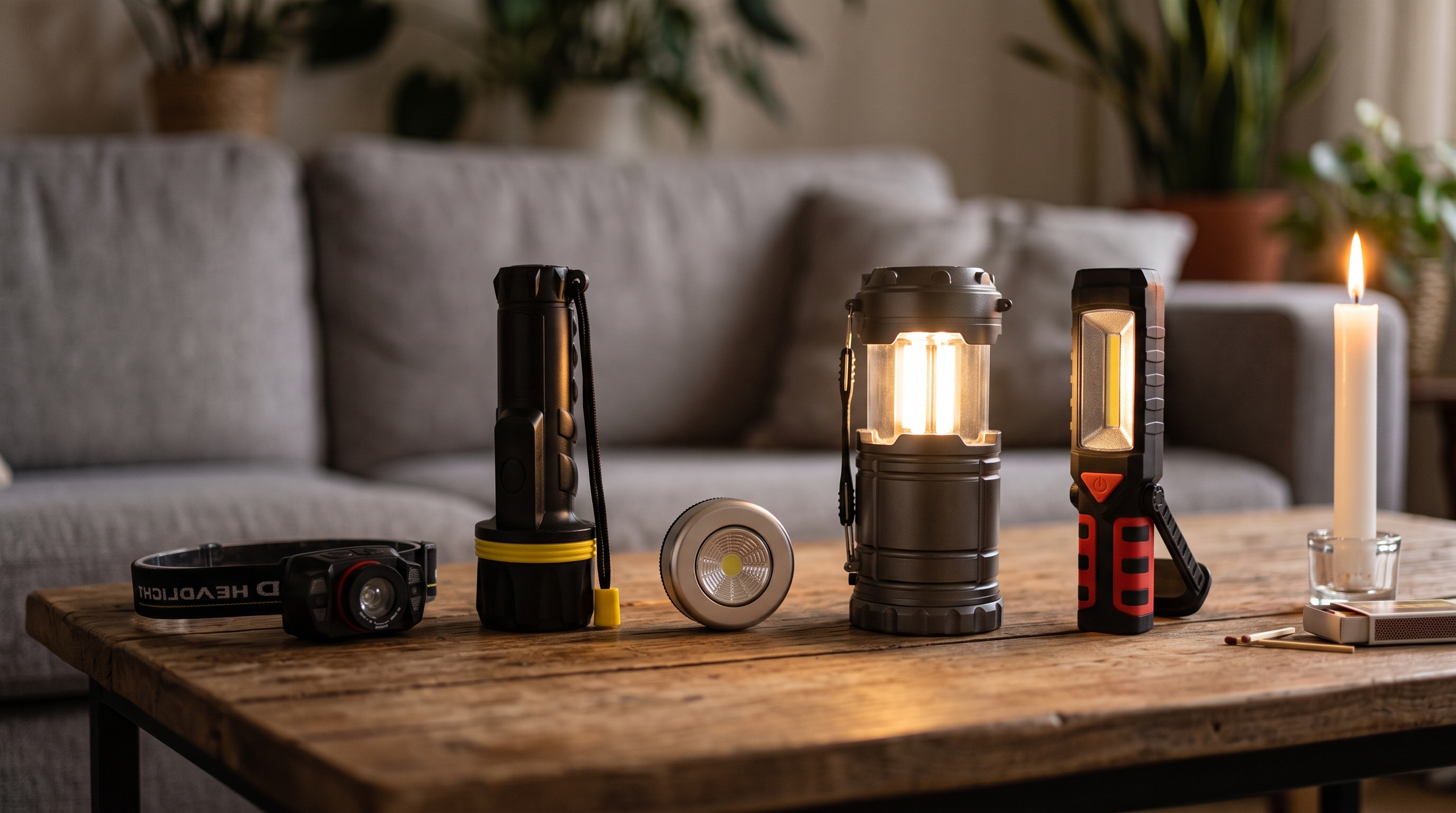 Collection of emergency LED lights including headlamp, handheld flashlight, puck light, camping lantern, and COB work light displayed on a wooden table during a power outage.