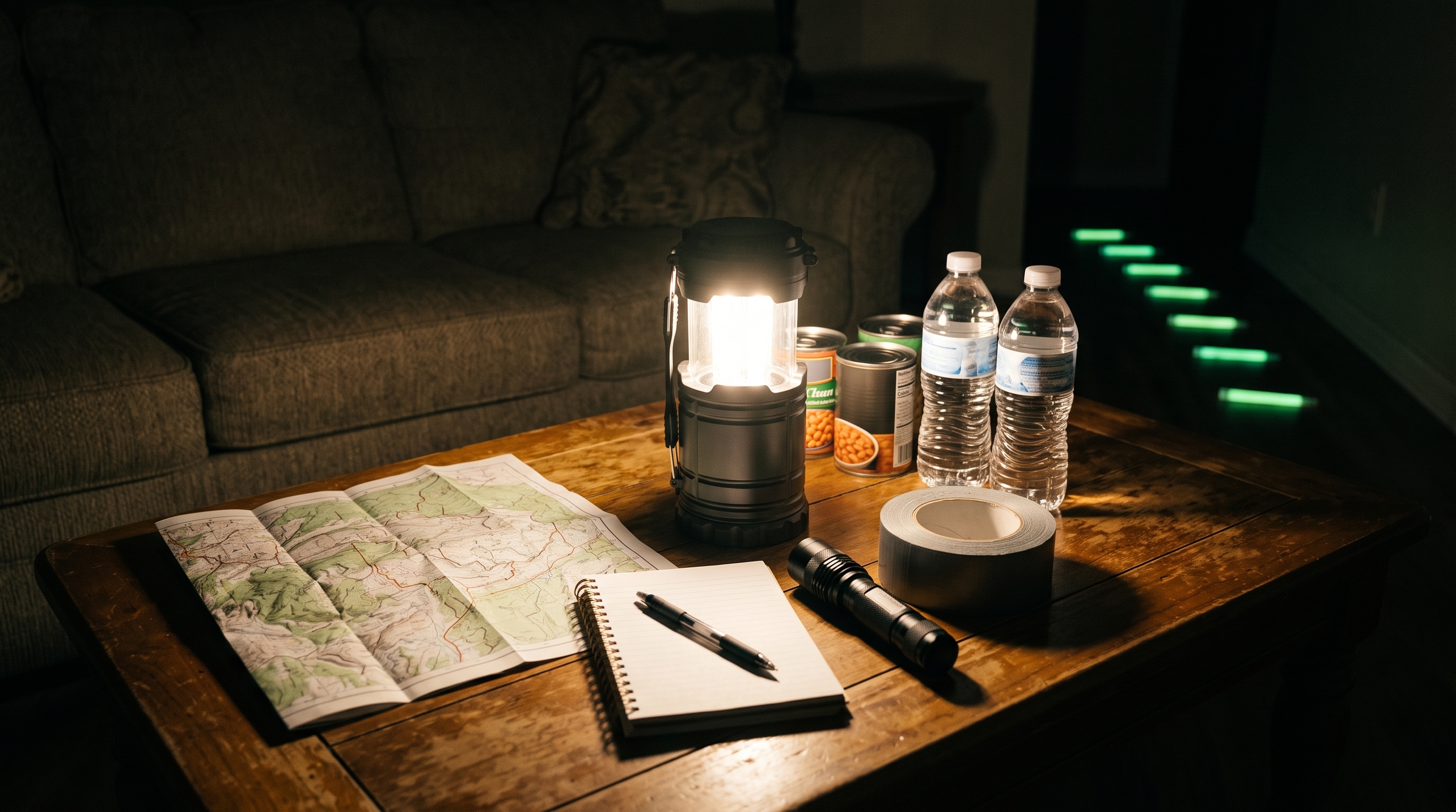 Emergency LED lantern illuminating a table with survival supplies, including a map, notebook, flashlight, duct tape, canned food, and water bottles in a dark living room.