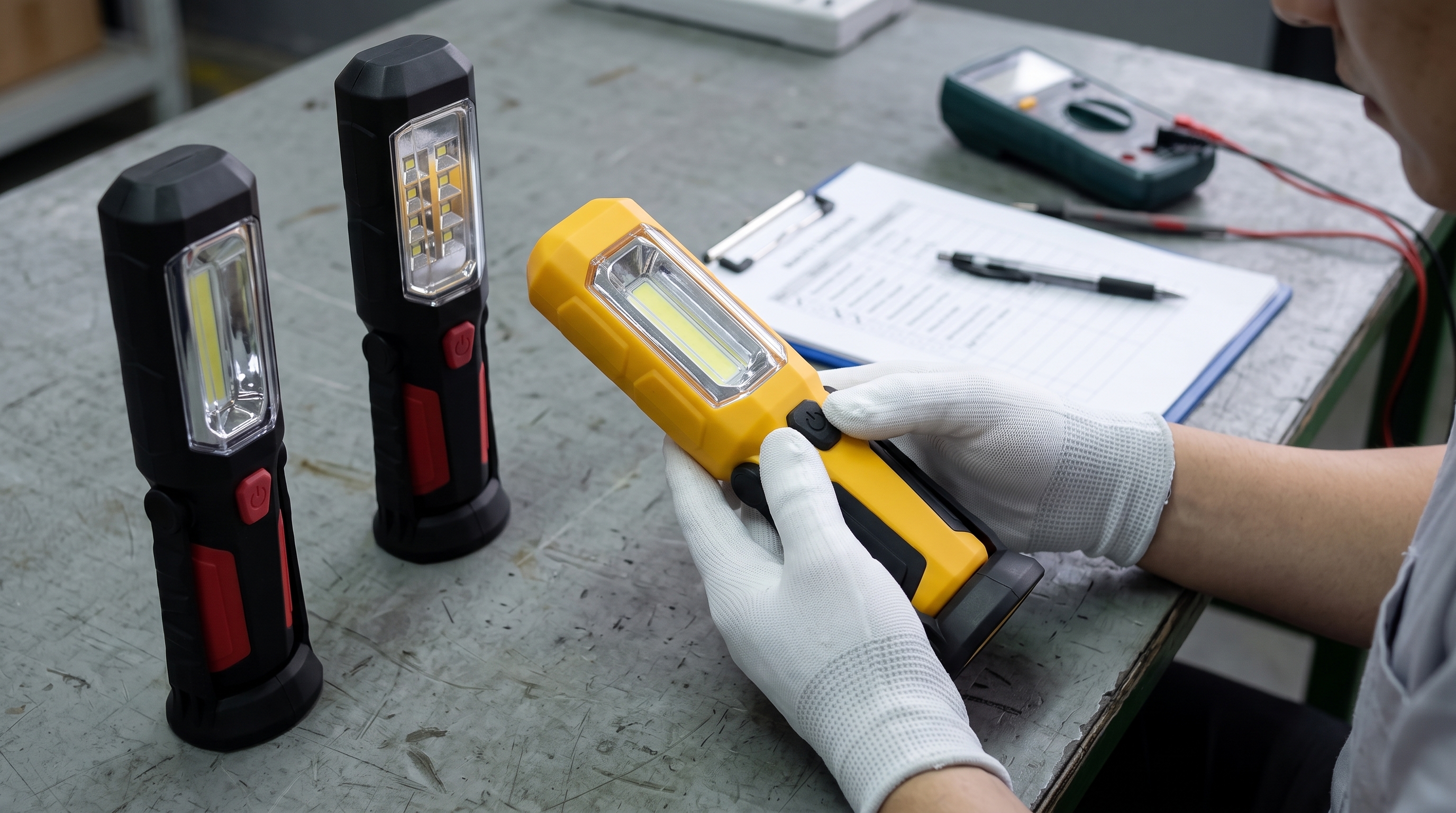 Quality control technician wearing white gloves inspecting a yellow portable COB LED work light on a factory workbench with test reports and multimeter.