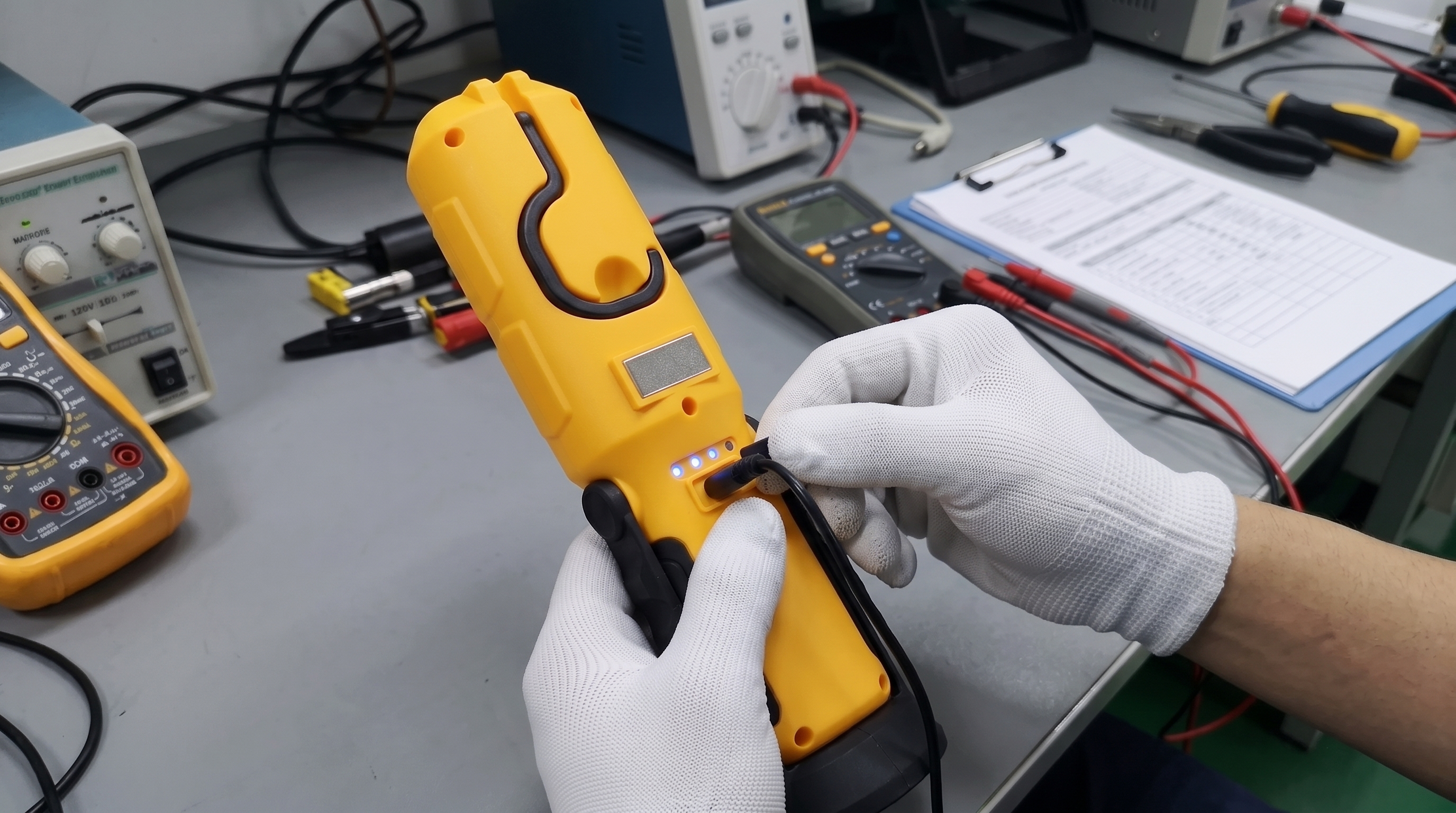 Technician wearing white gloves plugging a charging cable into a yellow portable LED work light with battery indicator LEDs on a laboratory workbench.
