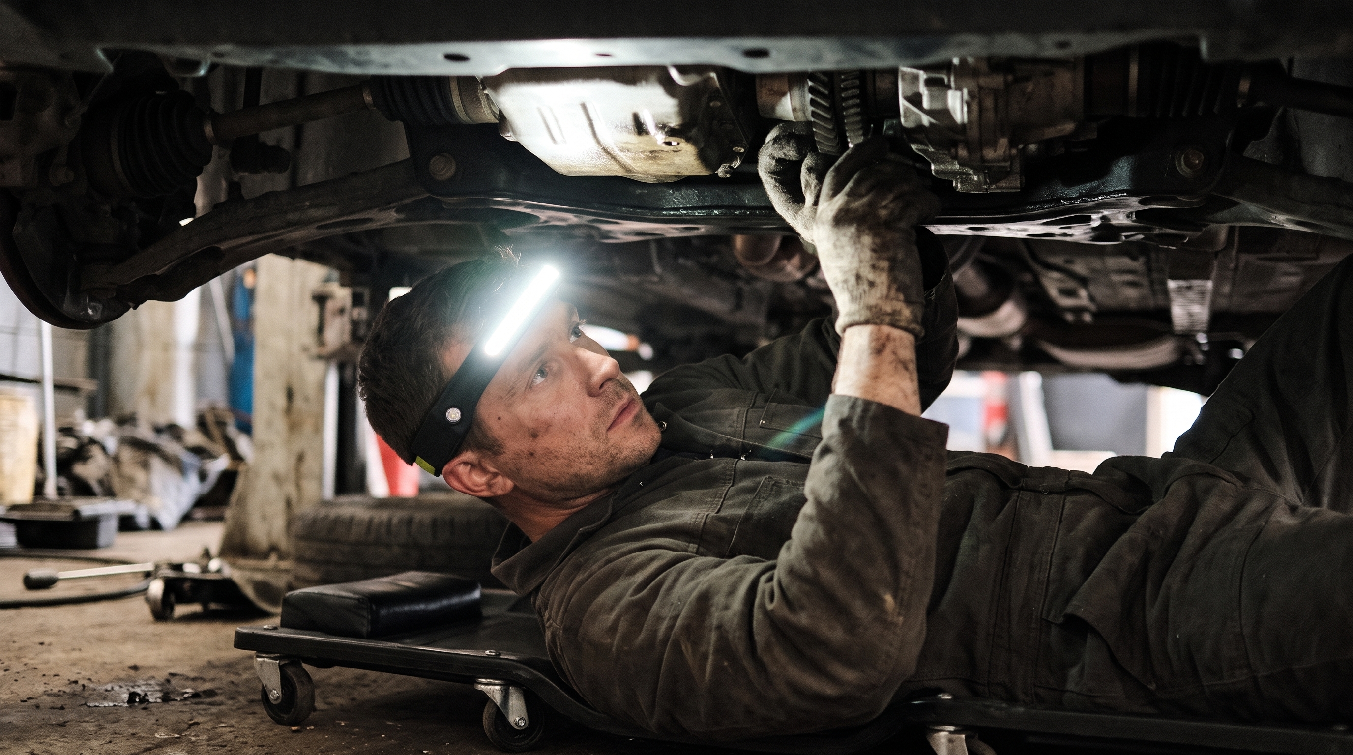 Auto mechanic lying under a car using a wide-beam COB LED headlamp to inspect and repair the vehicle chassis.