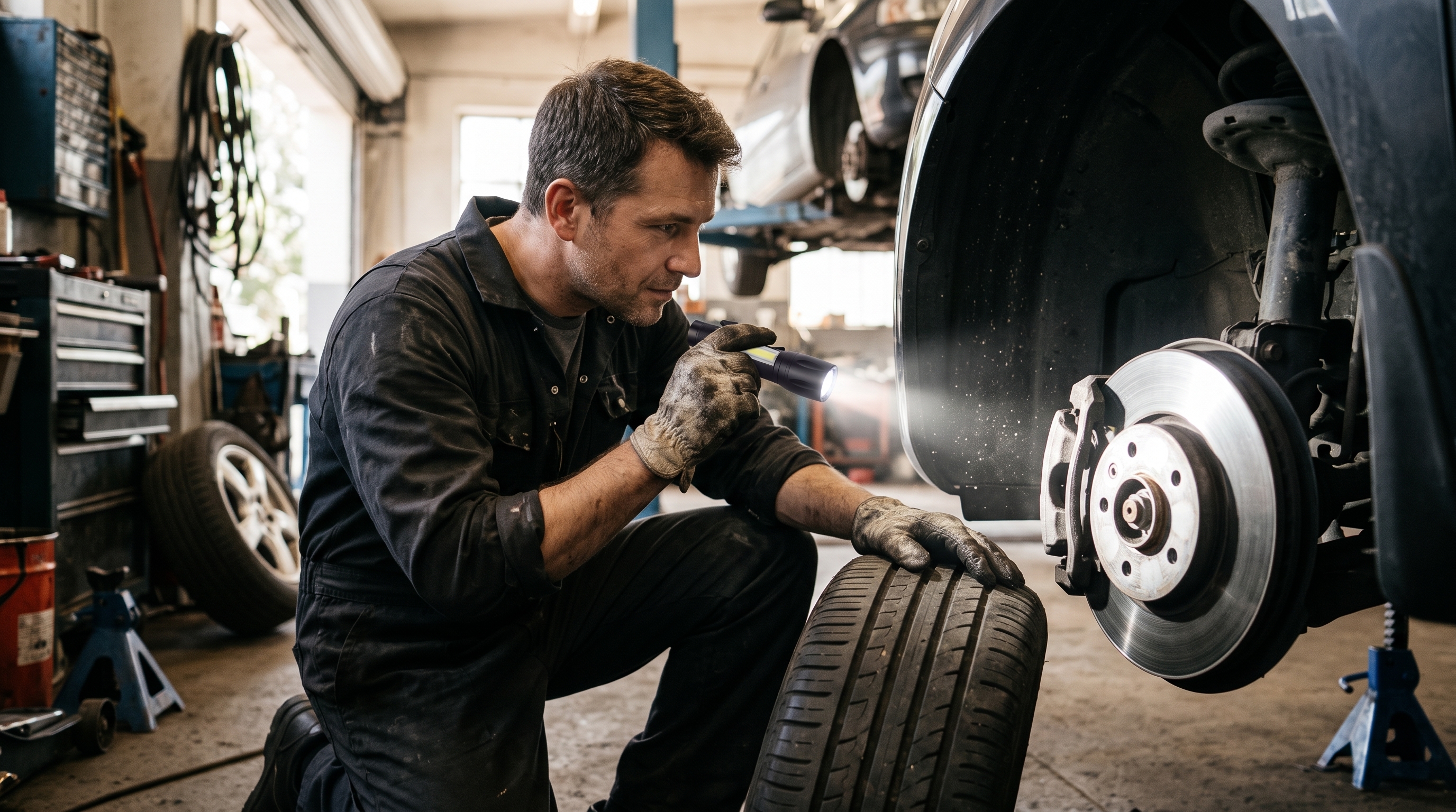 Auto mechanic using a handheld LED inspection flashlight to inspect car brake disc and wheel hub in a repair shop.