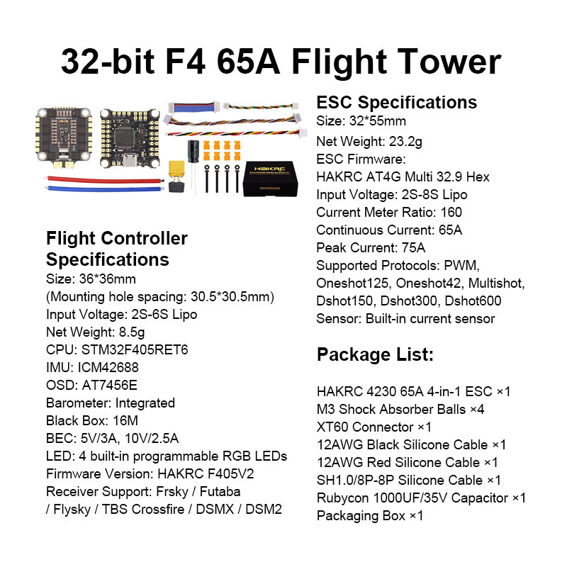 F405 Flight Controller Stack with Integrating 5V/10V Dual BEC 65A Flight Controller 4in1 ESC for FPV Freestyle Drones Parts