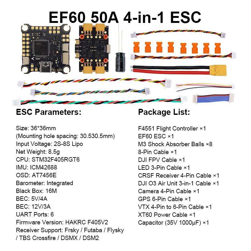 F405 Flight Controller 4in1 ESC with Integrating 5V/12V Dual BEC F405 50A/65A FPV Flight Controller Brushless ESC for FPV Freestyle Drones Parts