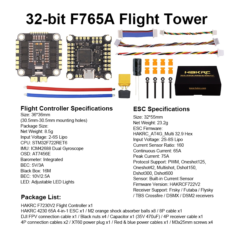 F722 65A Flight Controller Stack 7230 V2 Flight Controller with Integrating 5V/10V Dual BEC 4230 65A 8S 4in1 ESC for FPV Racing Drones Parts