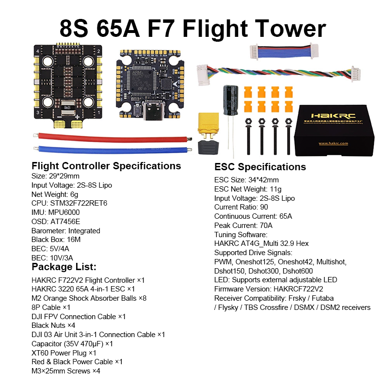 F722 65A 8S Flight Controller Stack F7220 V2 Mini Flight Controller with Integrating 5V/10V Dual BEC 3220 65A 4in1 ESC for FPV Racing Freestyle Drones Parts
