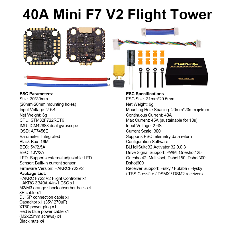 F722 Flight Controller Stack with Integrating 5V/10V Dual BEC F722 40A 6S 4in1 ESC High Performance Brushless ESC for FPV Racing Freestyle Drones Parts