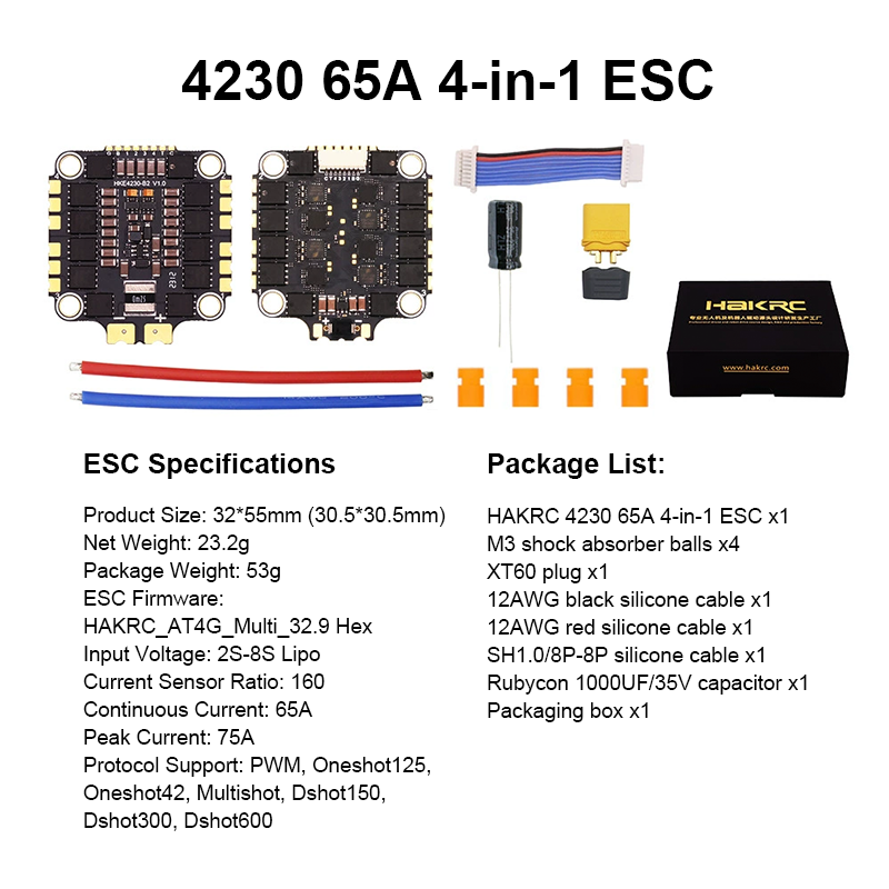 F722 65A Flight Controller Stack 7230 V2 Flight Controller with Integrating 5V/10V Dual BEC 4230 65A 8S 4in1 ESC for FPV Racing Drones Parts