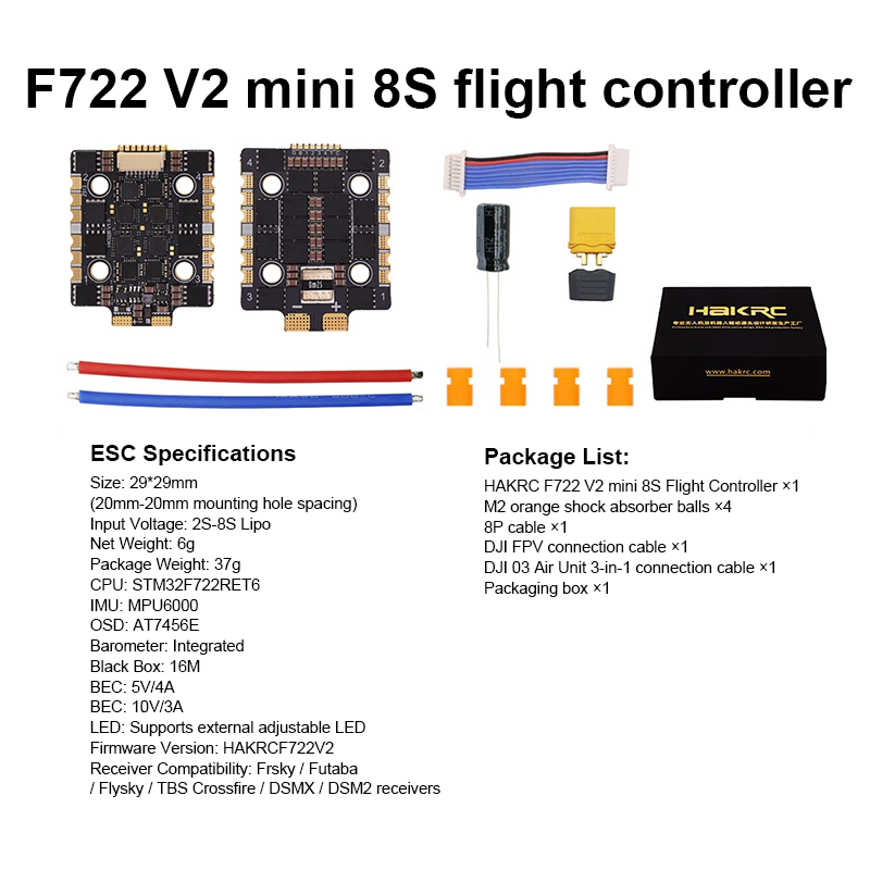 F722 65A 8S Flight Controller Stack F7220 V2 Mini Flight Controller with Integrating 5V/10V Dual BEC 3220 65A 4in1 ESC for FPV Racing Freestyle Drones Parts