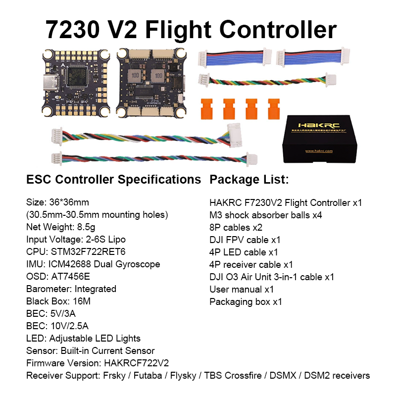 F722 65A Flight Controller Stack 7230 V2 Flight Controller with Integrating 5V/10V Dual BEC 4230 65A 8S 4in1 ESC for FPV Racing Drones Parts
