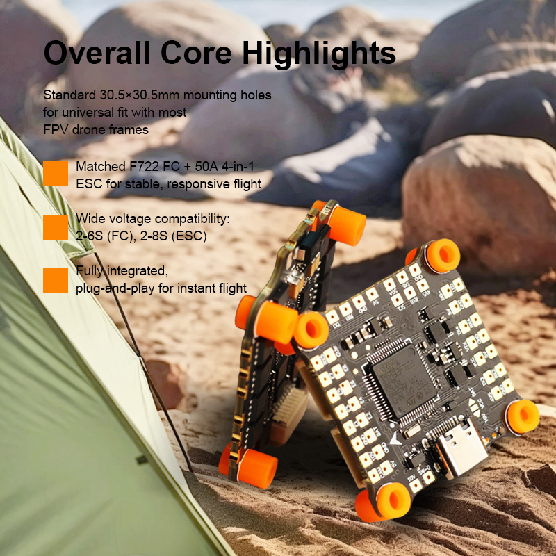 F722 50A 6S Flight Controller Stack Mini Flight Controller with Integrating 5V/10V Dual BEC 2130 50A 4in1 ESC for FPV Racing Drones Freestyle