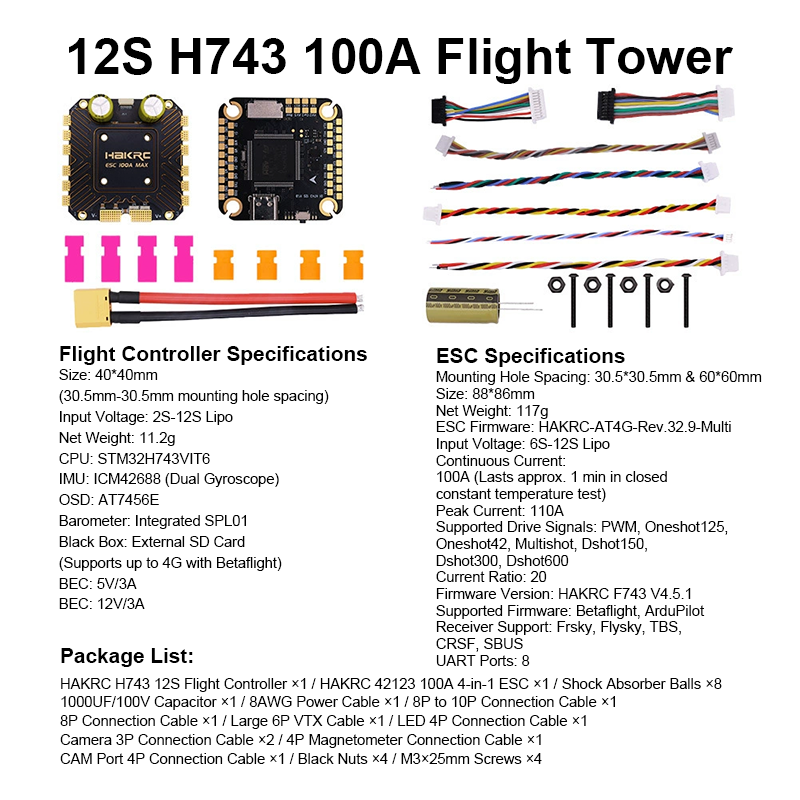 H743 100A 12S Flight Controller Stack FPV Flight Controller with Integrating 5V/12V Dual BEC 4in1 ESC Brushless ESC for FPV Racing Freestyle Drone Parts