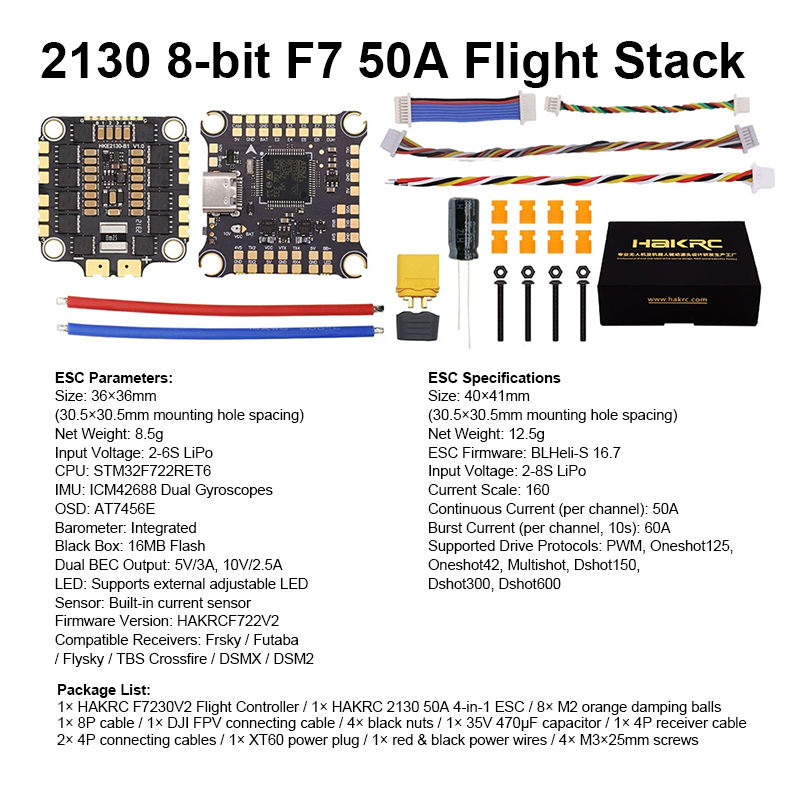 F722 50A 6S Flight Controller Stack Mini Flight Controller with Integrating 5V/10V Dual BEC 2130 50A 4in1 ESC for FPV Racing Drones Freestyle