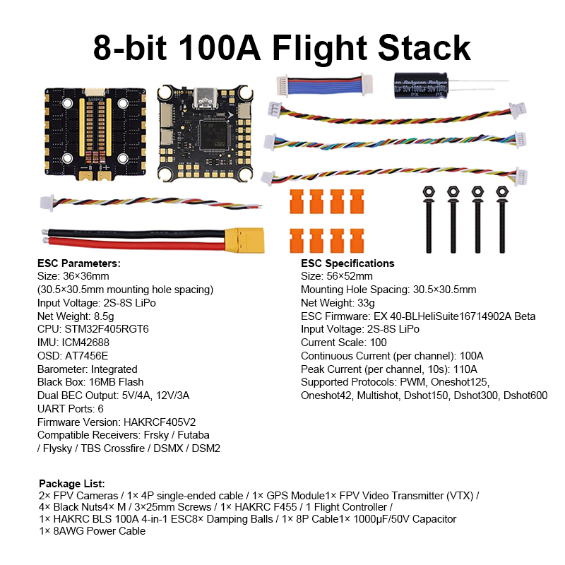 F405 Flight Controller 100A 8S 4in1 ESC Brushless ESC F405 Flight Controller Stack with Integrating 5V/12V Dual BEC for FPV Racing Freestyle Drone Parts