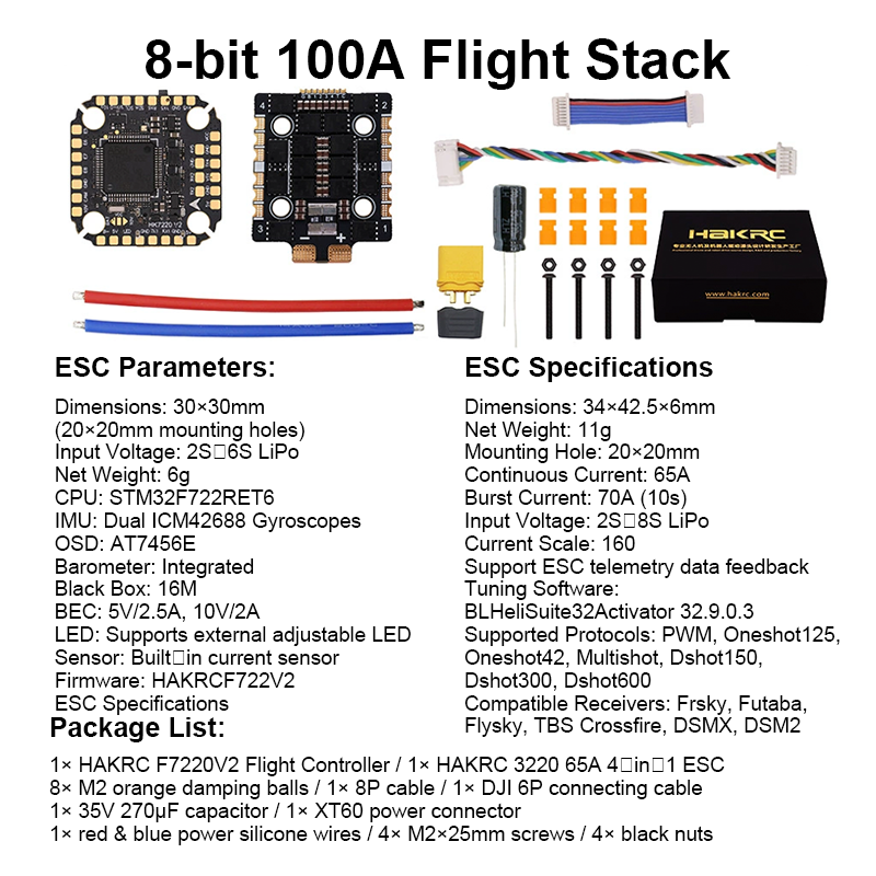 Mini Flight Controller Stack 65A 8S 4in1 ESC F7220 Flight Controller with Integrating 5V/10V Dual BEC Flight Controller Drone Parts for FPV Racing Drones Freestyle