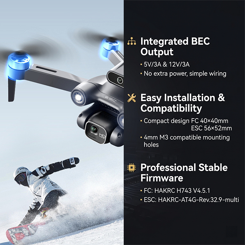 Mini Flight Controller Stack 50A 12S 4in1 ESC Brushless ESC H743 Flight Controller with Integrating 5V/12V Dual BEC for FPV Racing Drones Parts