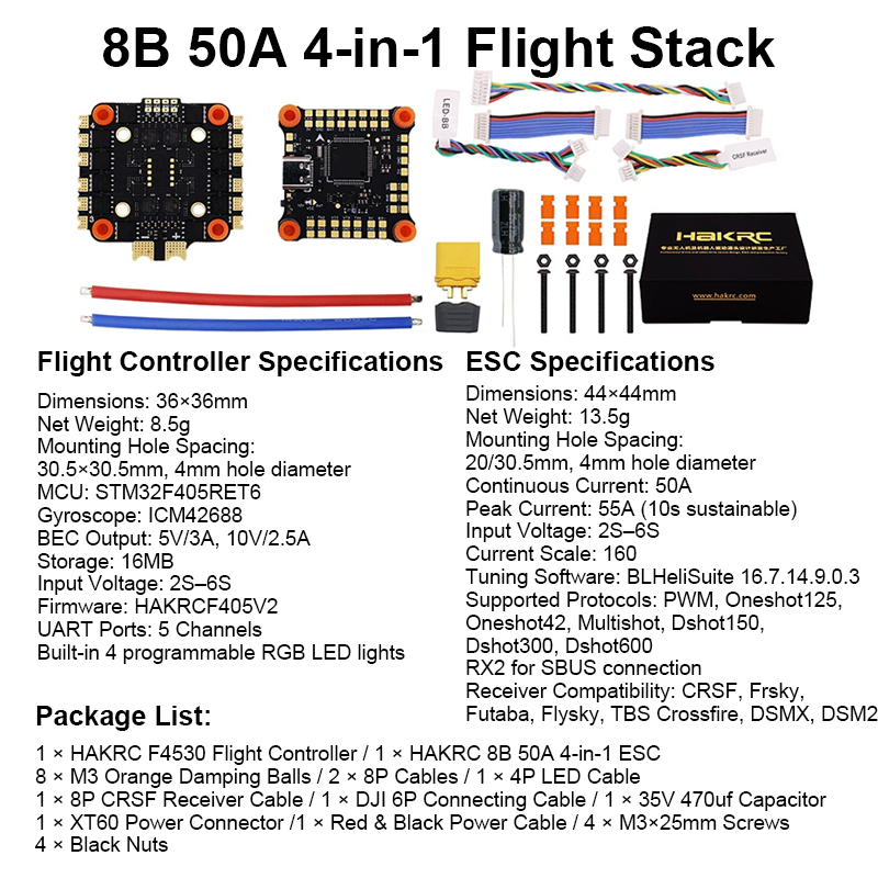F405 Flight Controller with Integrating 5V/10V Dual BEC 50A 6S 4in1 ESC Brushless ESC High Performance Flight Controller Stack for FPV Racing Drone Parts