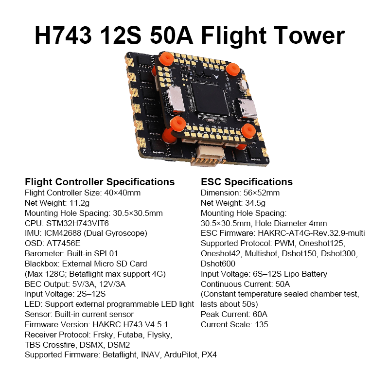 Mini Flight Controller Stack 50A 12S 4in1 ESC Brushless ESC H743 Flight Controller with Integrating 5V/12V Dual BEC for FPV Racing Drones Parts