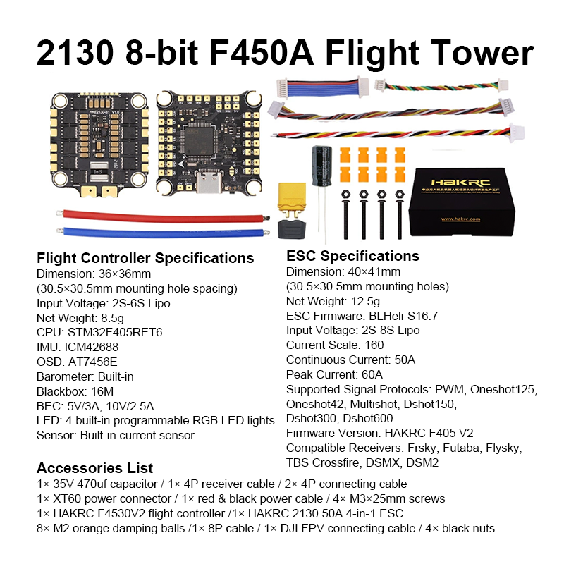 F405 Flight Controller 50A 6S 4in1 ESC Brushless ESC High Performance Mini Flight Controller Stack with Integrating 5V/10V Dual BEC for FPV Racing Drone Parts