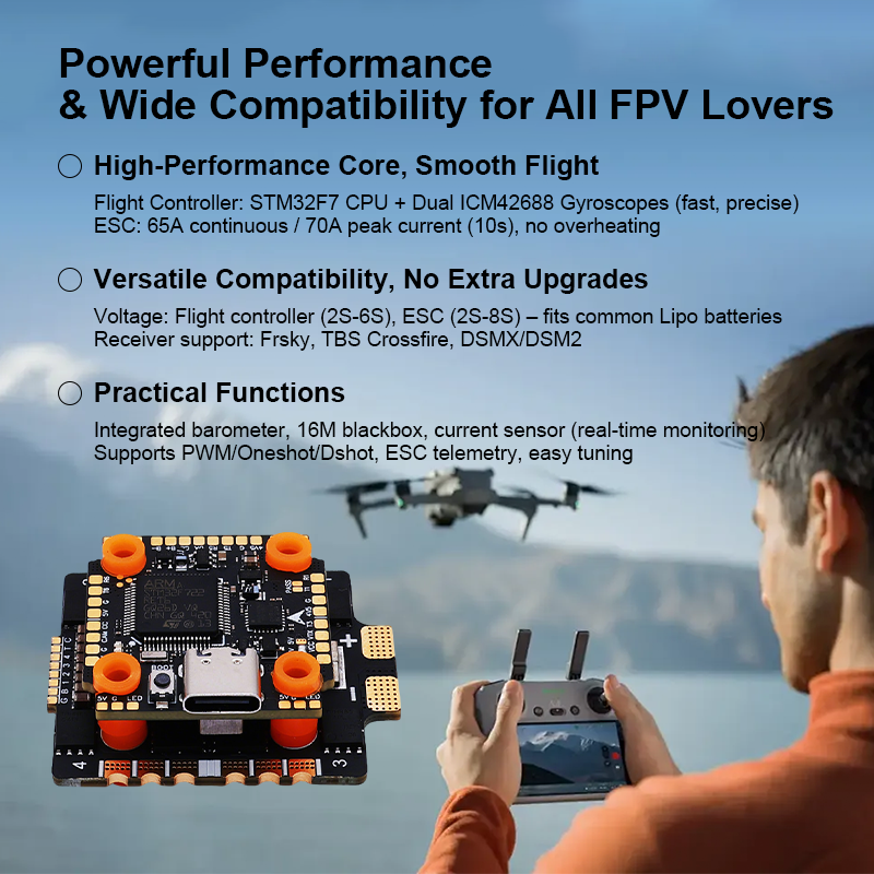 F722 Mini Flight Controller Stack 65A 8S 4in1 ESC High Performance Flight Controller with Integrating 5V/10V Dual BEC for FPV Racing Drones Parts