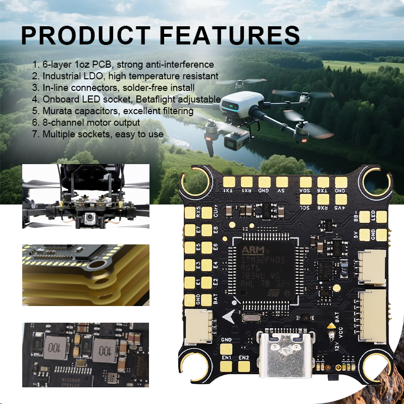 F405 Flight Controller with 5V/12V Dual BEC High Performance V2 8S FPV Flight Controller for FPV RC Racing Drones Freestyle Quadcopter