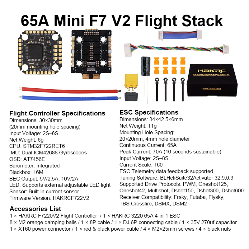 F722 Mini Flight Controller Stack 65A 8S 4in1 ESC High Performance Flight Controller with Integrating 5V/10V Dual BEC for FPV Racing Drones Parts