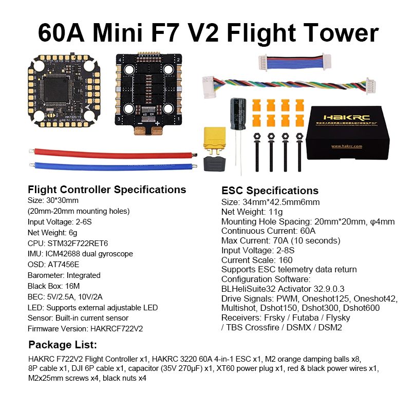 F722 6S Flight Controller with Integrating 5V/10V Dual BEC 3220 60A 8S 4in1 ESC Brushless ESC F722 Flight Controller Stack for FPV Racing Drones Freestyle