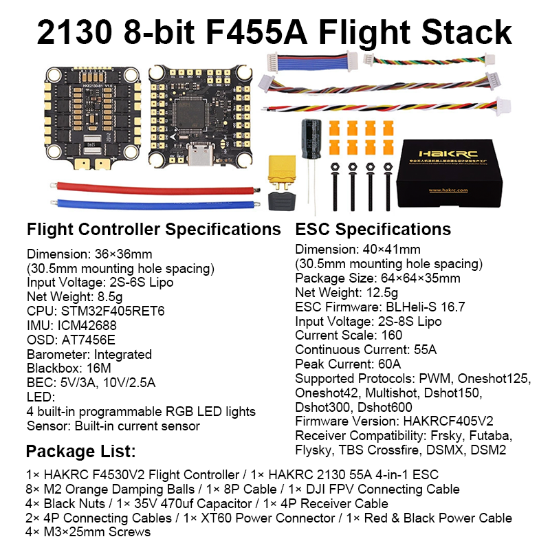F405 Flight Controller with Integrating 5V/10V Dual BEC 55A 8S 4in1 ESC Brushless ESC Mini Flight Controller Stack for FPV Racing Drones Parts