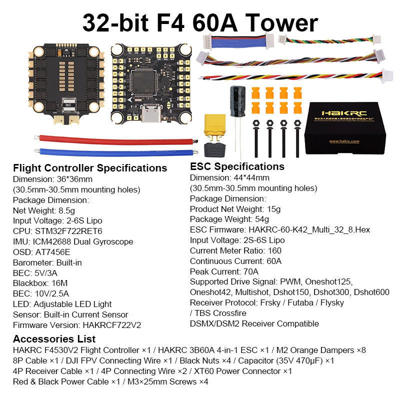 F405 Flight Controller with Integrating 5V/10V Dual BEC 60A 4in1 ESC Mini Flight Controller Stack for FPV Racing Drones Parts