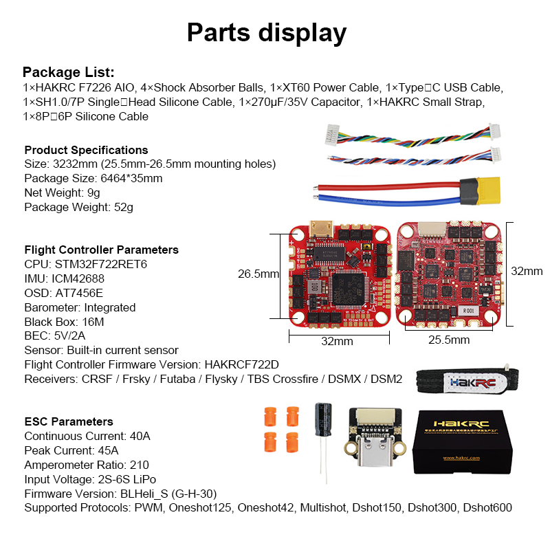 F722 AIO Flight Controller with 32*32mm 40A 6S High Performance Flight Controller Drone Parts for FPV Racing Drones Freestyle