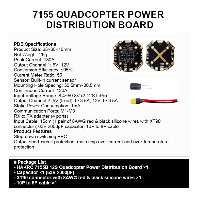 120A 12S Flight Controller Drone Parts with Integrating 5V/10V Dual BEC Power Distribution Board for FPV Racing Drones Quadcopter