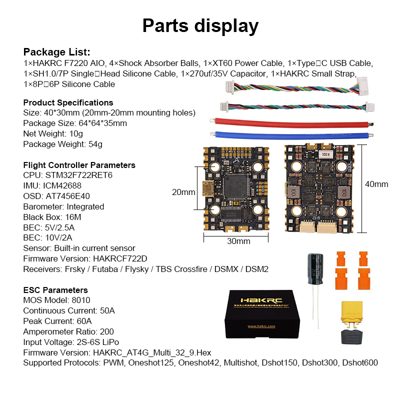 F722 AIO Flight Controller with 5V/10V Dual BEC 50A 2-6S Flight Controller Drone Parts for FPV Racing Drones Freestyle