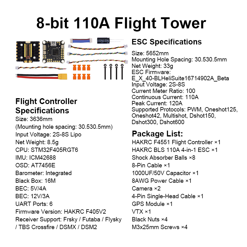 High Performance F405 Flight Controller with Integrating 5V/12V Dual BEC 110A 8S 4in1 ESC Mini Flight Controller Stack for FPV Racing Drones Parts