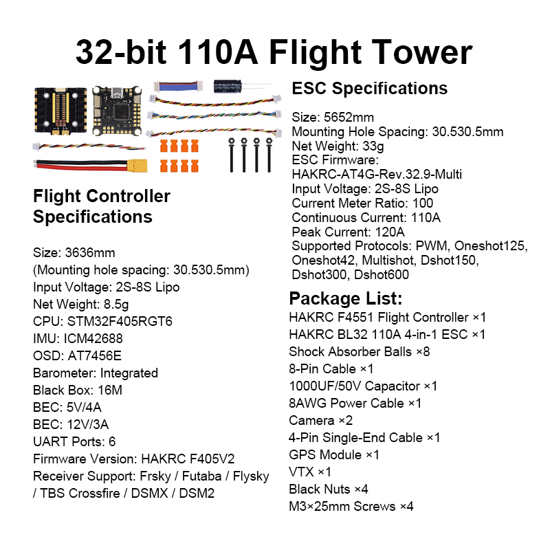 High Performance F405 Flight Controller with Integrating 5V/12V Dual BEC 110A 8S 4in1 ESC Mini Flight Controller Stack for FPV Racing Drones Parts
