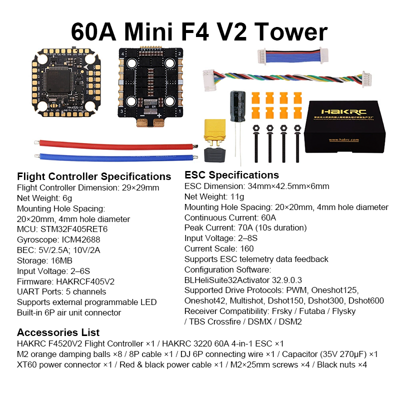 Mini Flight Controller Stack F405 Flight Controller with Integrating 5V/10V Dual BEC 60A 4in1 ESC Brushless ESC for FPV Racing Drones Parts