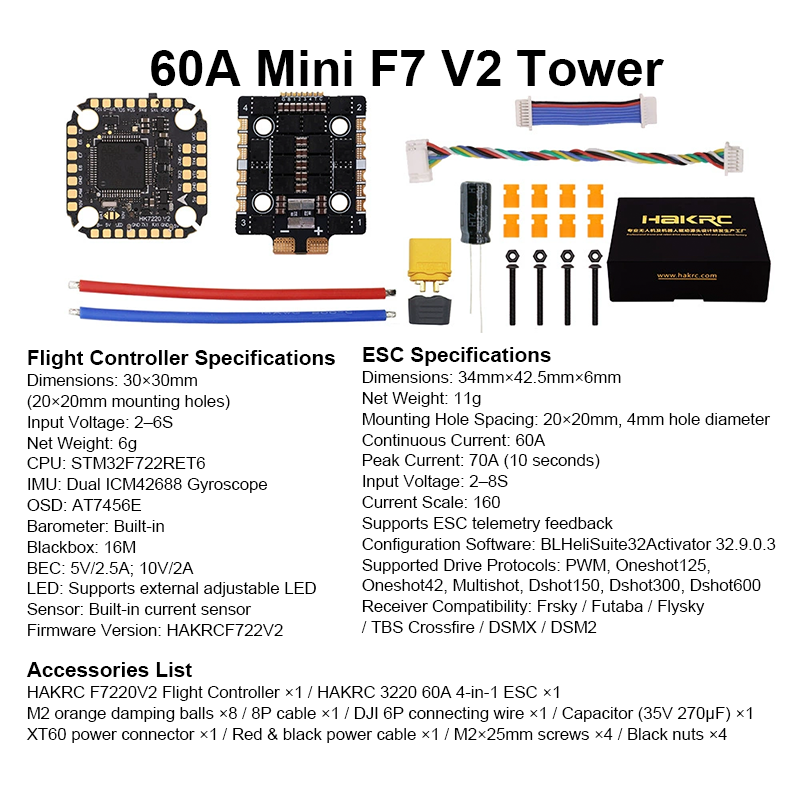High Performance Flight Controller with Integrating 5V/10V Dual BEC 60A 8S 4in1 ESC F722 Mini Flight Controller Stack for FPV Racing Drones Parts